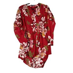 Ruby Red Floral Cotton Tunic Roman's Size 18 Cottage Botanical Resort Top